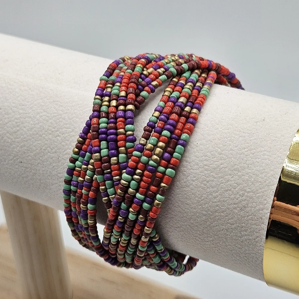VINTAGE Woven Braided Multicolor Glass Seed Bead Boho Memory Wire Cuff Bracelet
